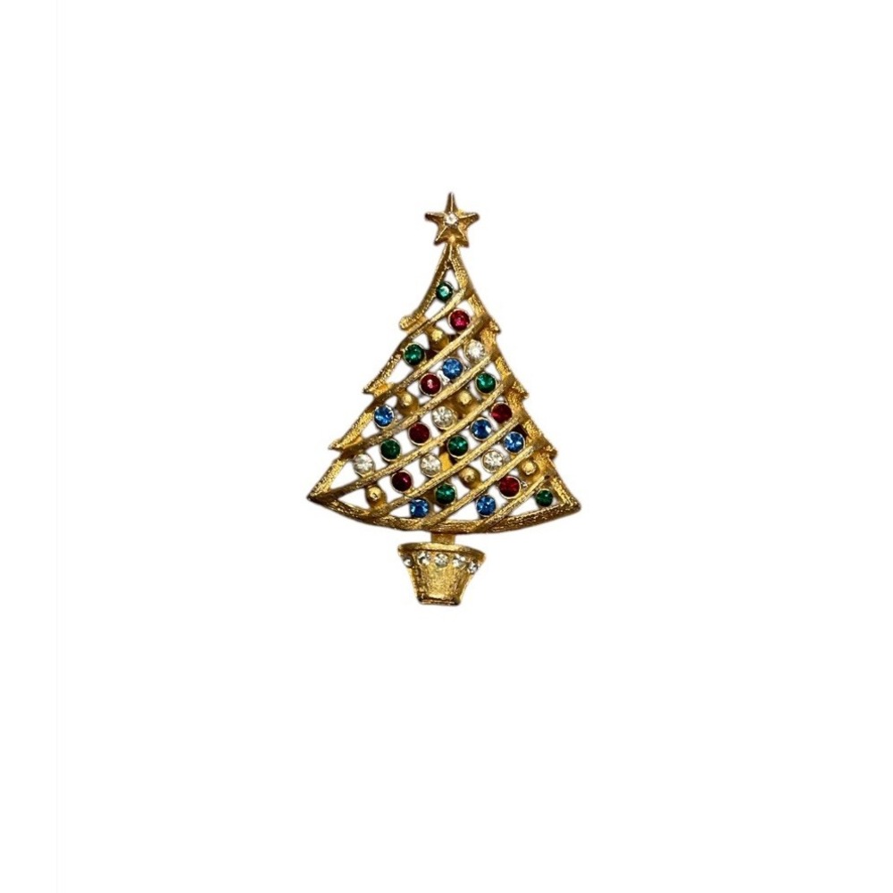 Vintage Gold Tone Multi Color Rhinestone Christmas Tree Brooch Pin